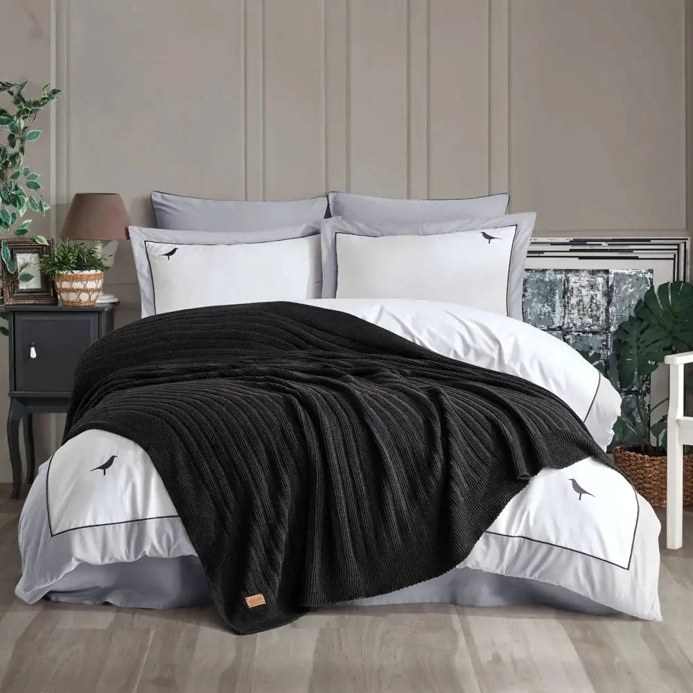 Jacquard Weave Cotton Bedding Set with Knit Throw - Anthracite Gray