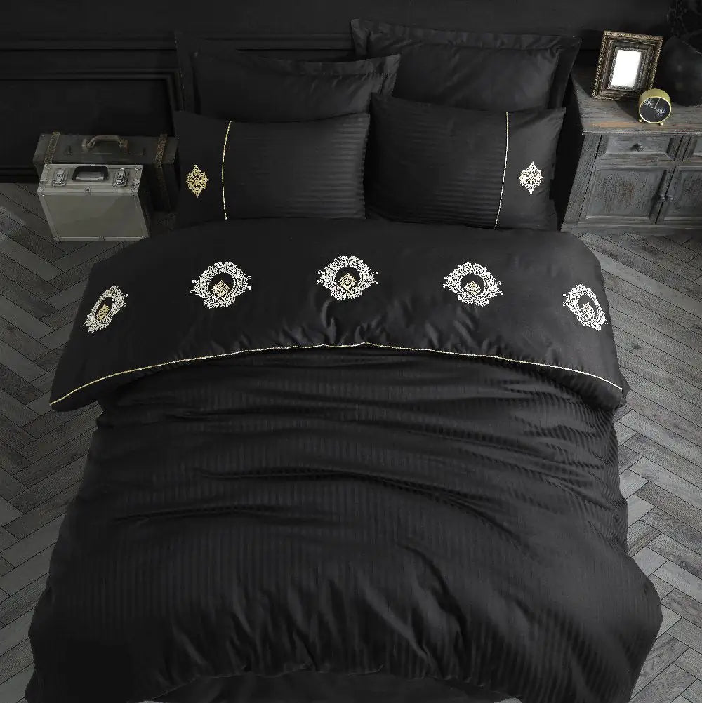 Olympos Black Satin Duvet Cover Set with Double Embroidery