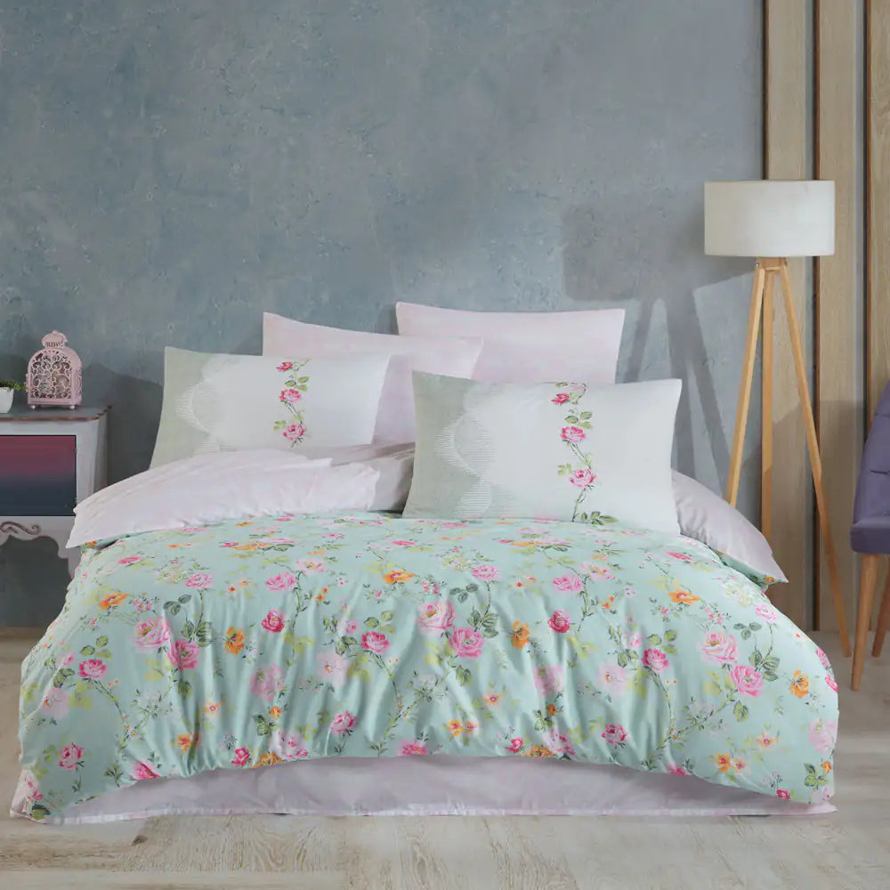 Carmela Green Single Duvet Cover Set - 100% Cotton, Breathable & Soft Bedding