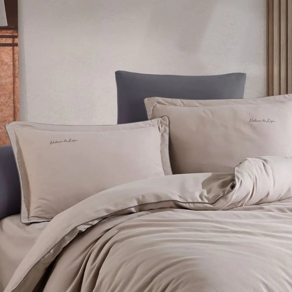 Stone Twill Double Duvet Cover Set - 100% Cotton with Embroidered Detailing