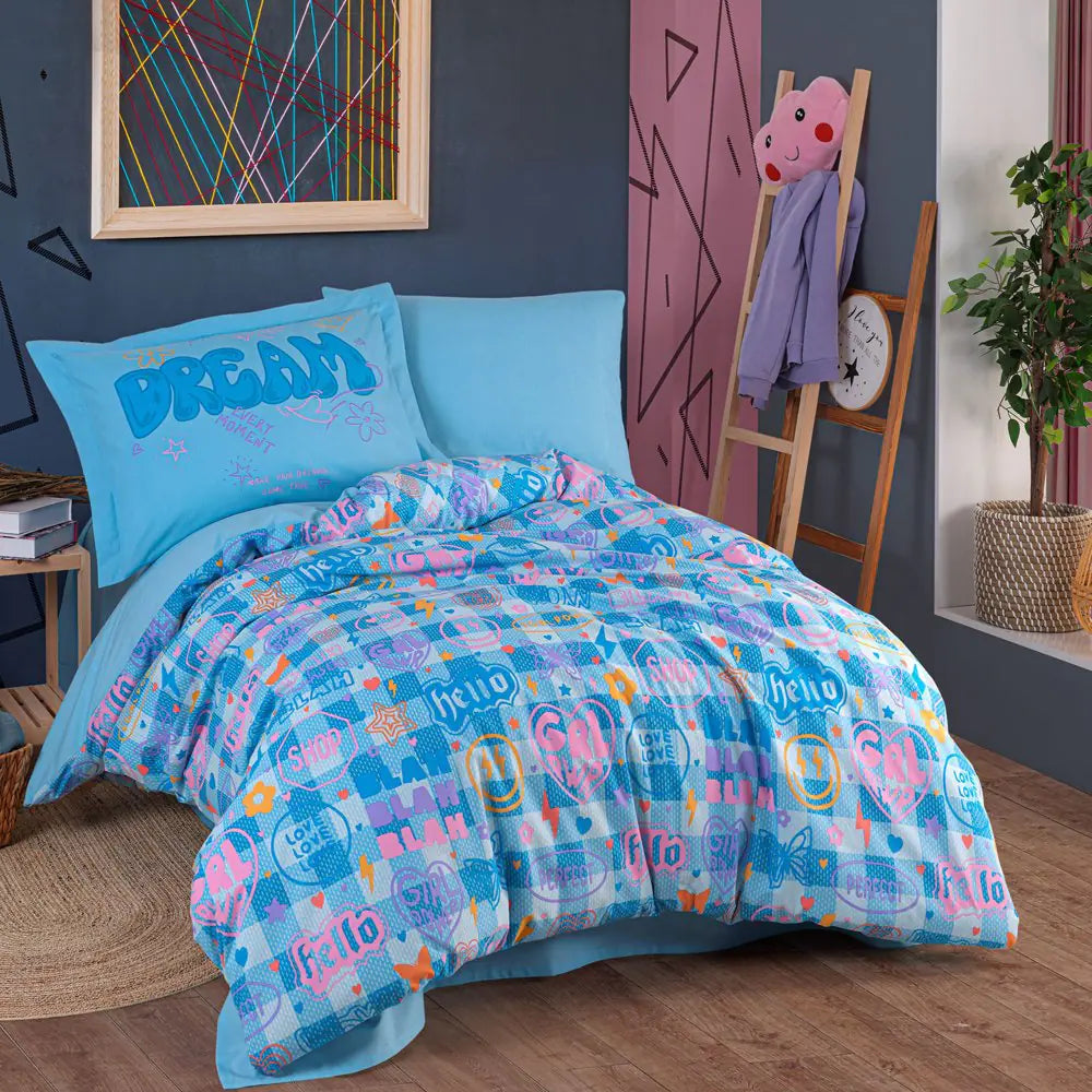 Freya Blue Poplin Single Duvet Cover Set - 100% Cotton Bedding