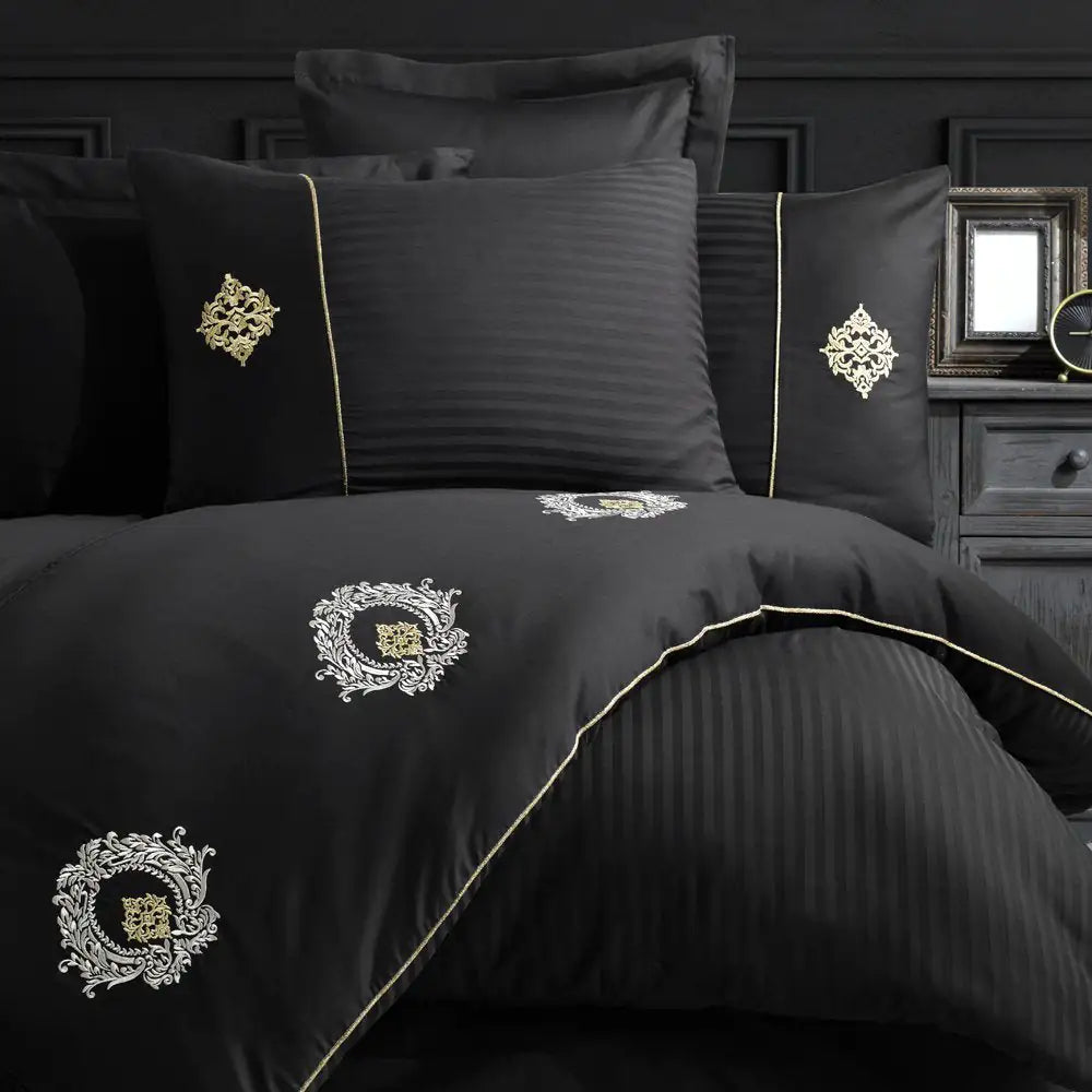 Olympos Black Satin Duvet Cover Set with Double Embroidery