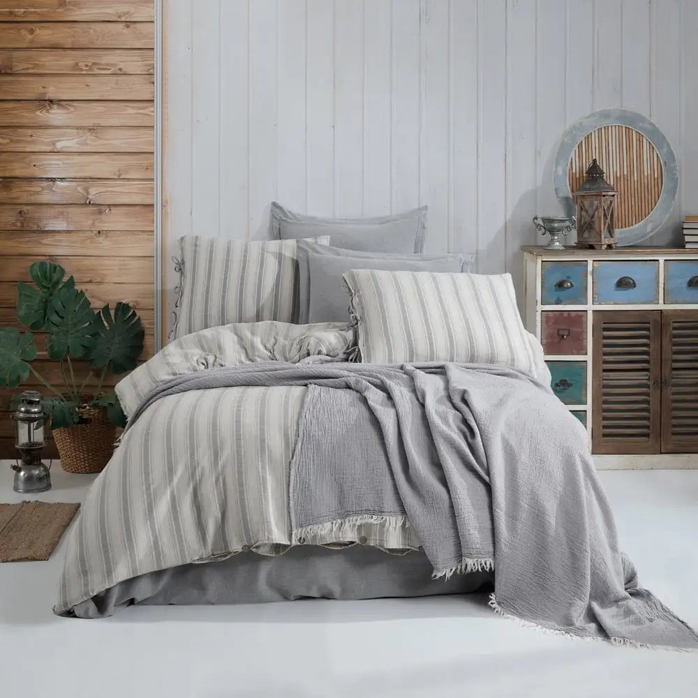 Gray Yarn-Dyed Double Bed Set with Lace-Up Design