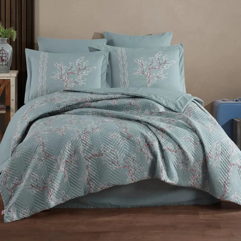 Green Double Duvet Cover Set - Ranforce Kapitone Design