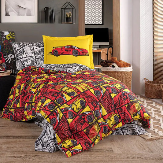 Red Hobby Cars Single Duvet Cover Set - 100% Cotton Bedding