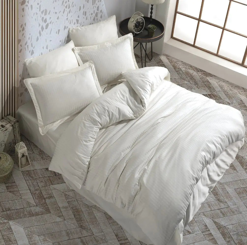 Hobby Striped Cream Jacquard Satin Duvet Cover Set - 100% Cotton Bedding