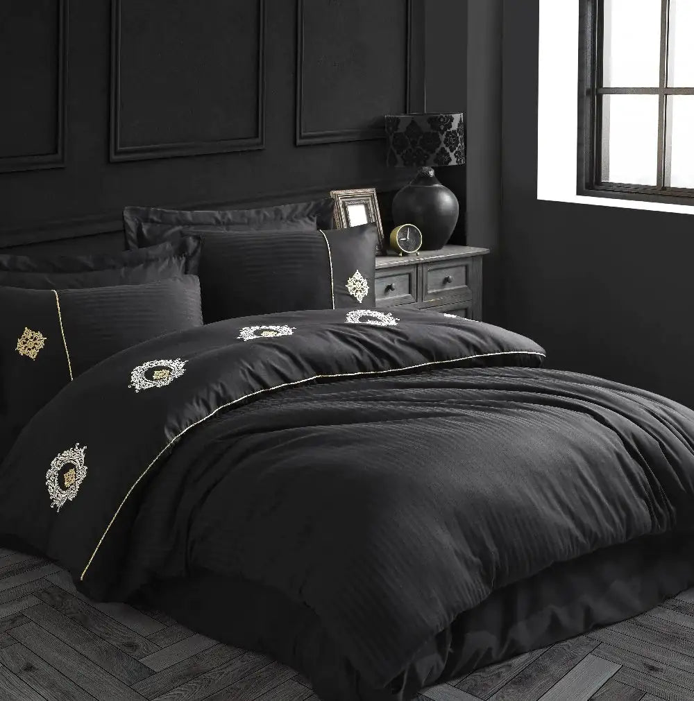 Olympos Black Satin Duvet Cover Set with Double Embroidery