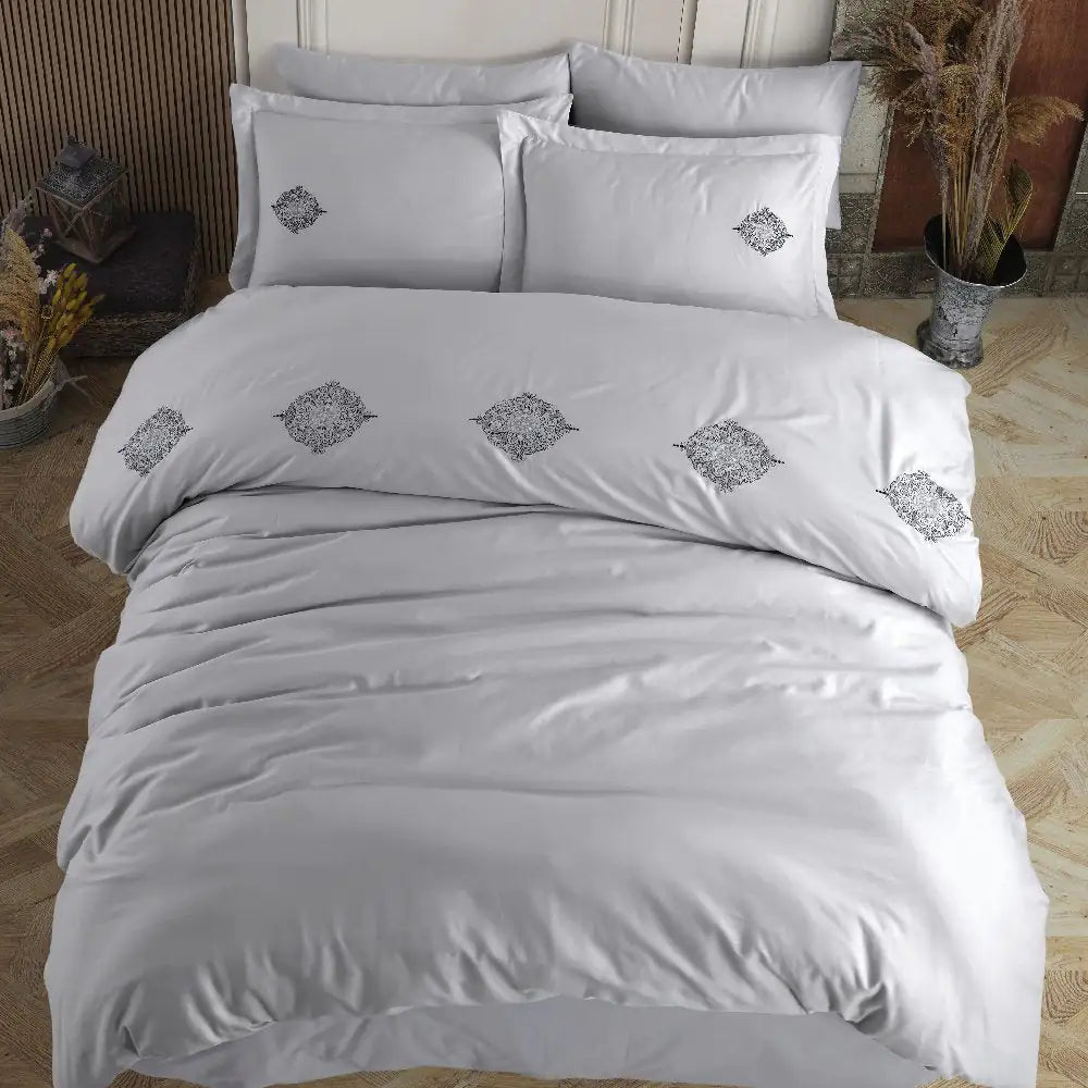 Azra Gray Cotton Poplin Double Embroidered Bedding Set