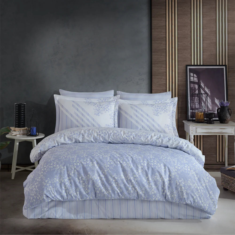 Romance Blue Poplin Single Duvet Cover Set with Pillowcase