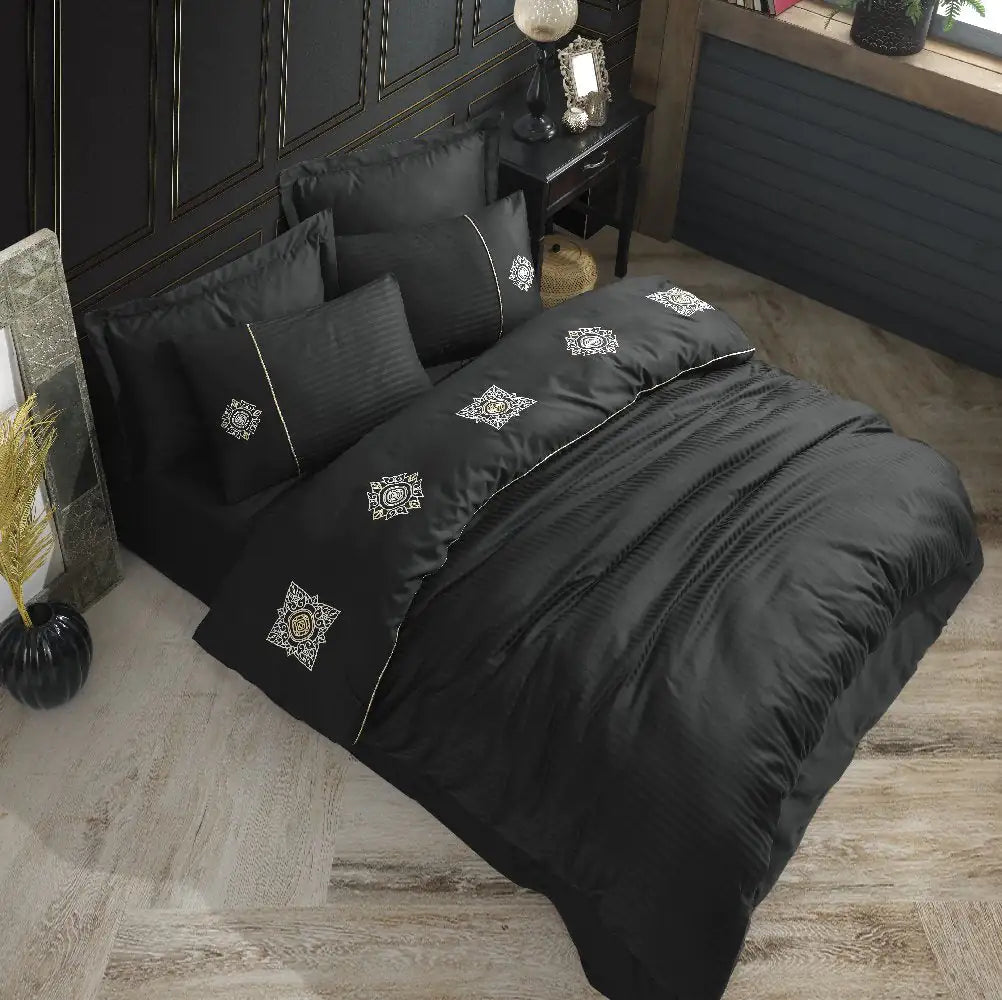 Luxurious Black Satin Duvet Cover Set with Double Embroidery