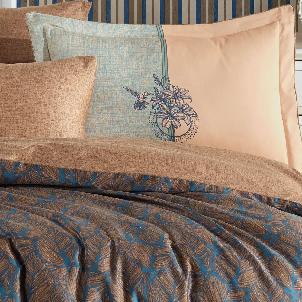 Double Satin Duvet Cover Set - Bronze Lotus Design for Double Bed