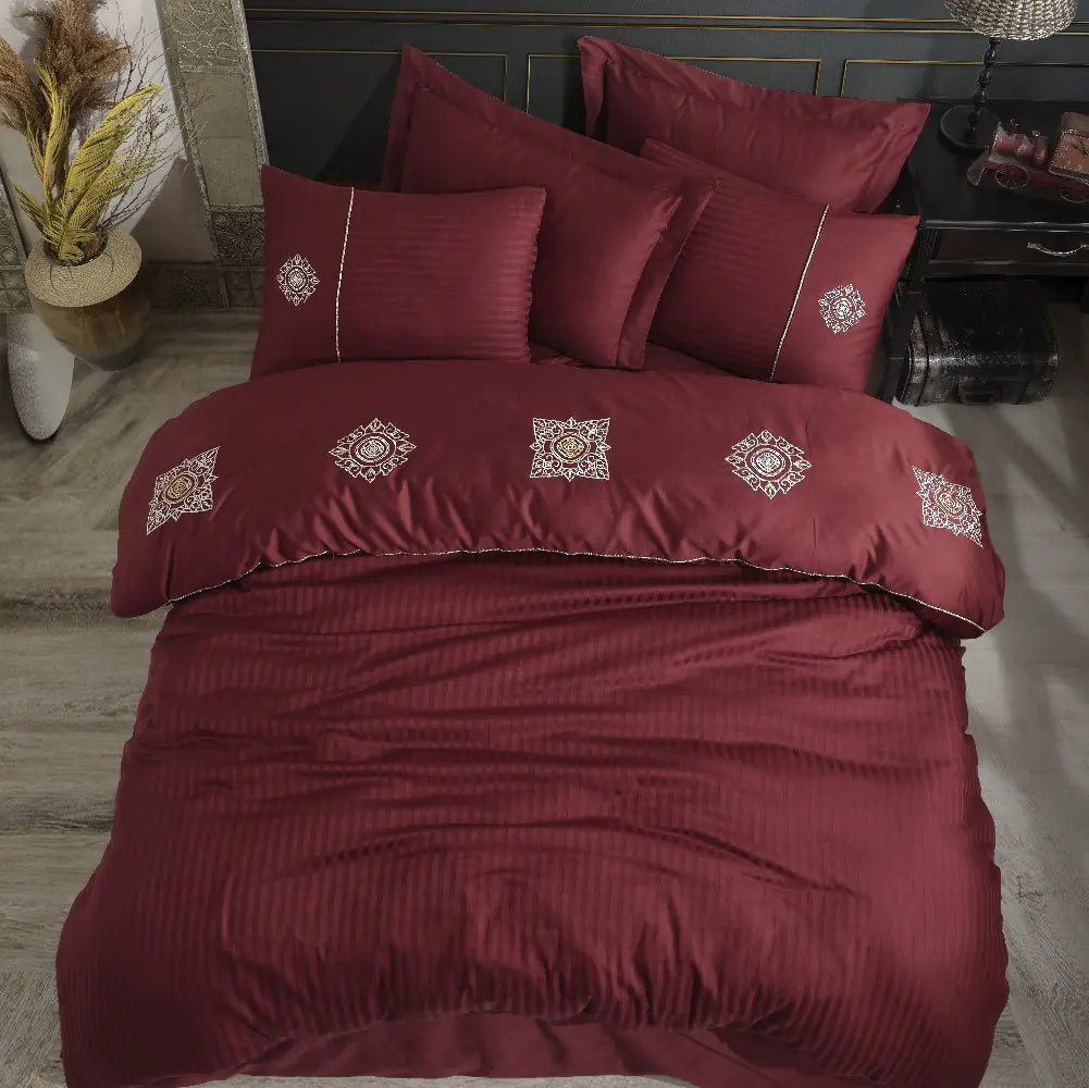 Bordeaux Double Embroidery Satin Duvet Cover Set