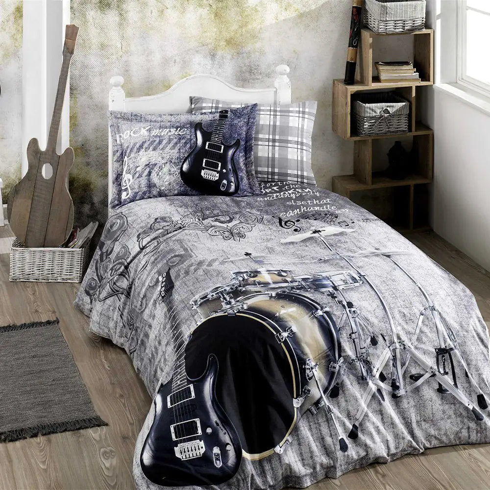 Gray Rock Music Theme Poplin Cotton Duvet Cover Set with Pillowcase