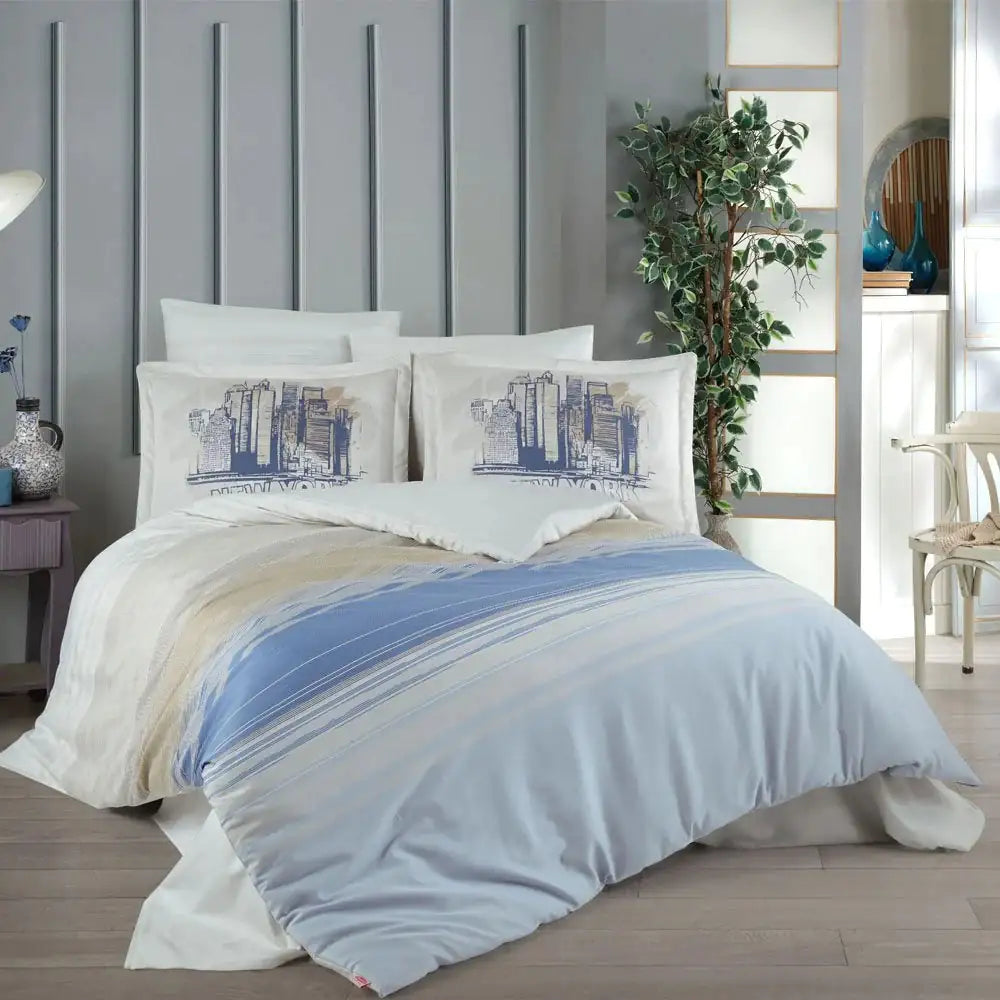 Aden Mavi Blue 100% Cotton Satin Double Duvet Cover Set with Pillowcases