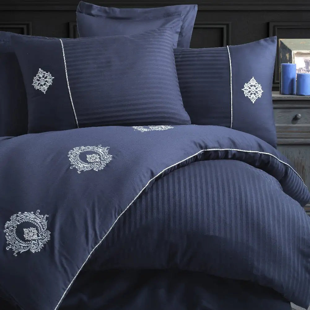 Olympos Navy Blue Satin Duvet Cover Set - Double Embroidery