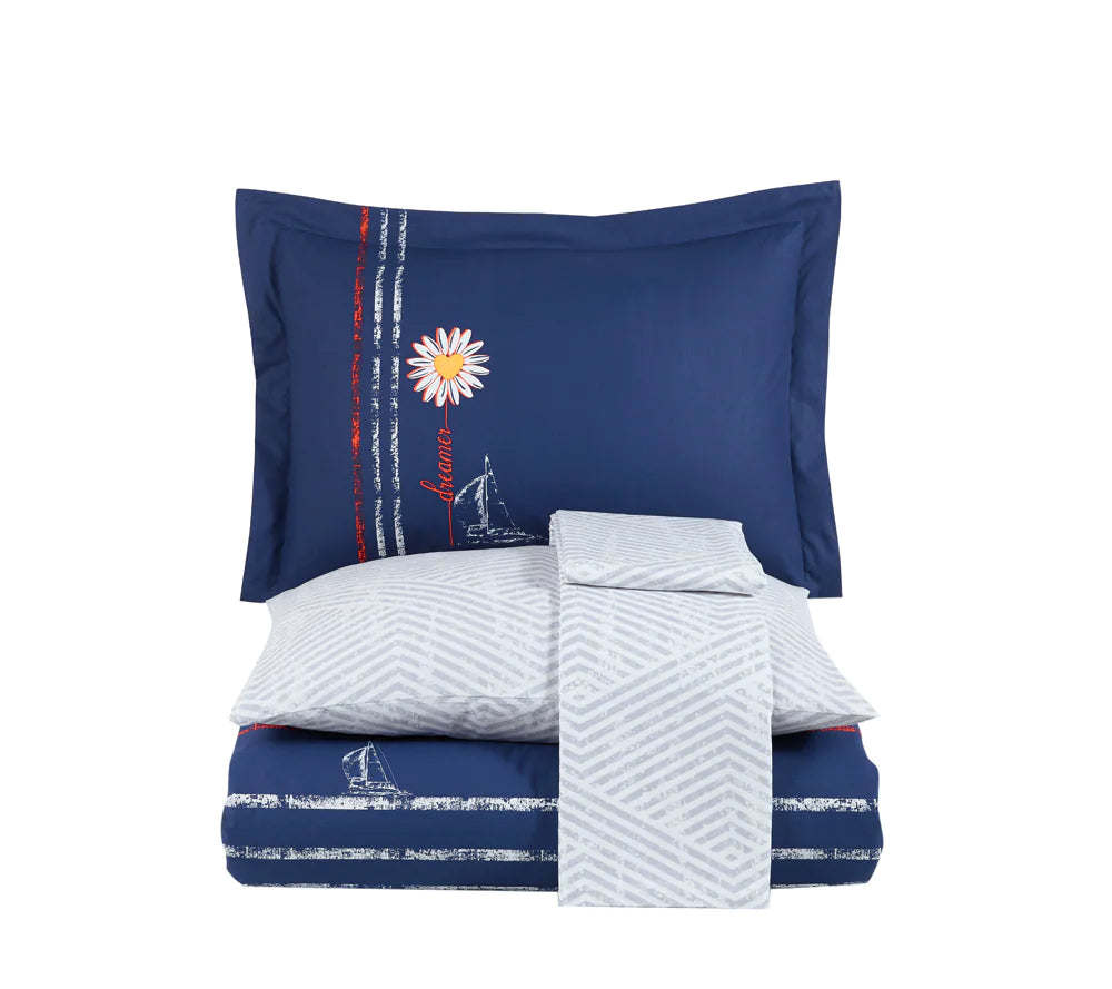 Navy Blue Poplin Double Duvet Cover Set with Flat Sheet & Pillowcases