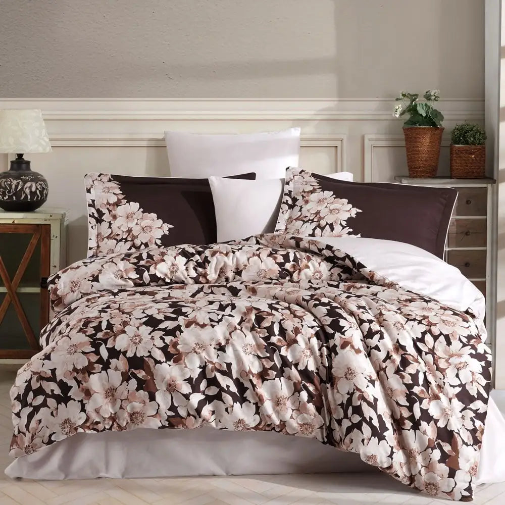 Fiona Brown Double Satin Duvet Cover Set - 100% Cotton, Ultra-Soft Bedding