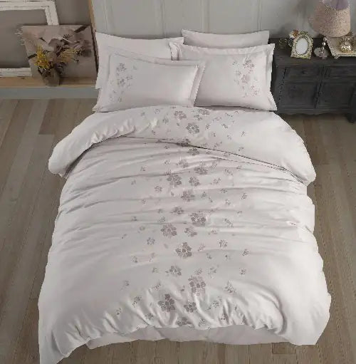 Double Embroidered Beige Poplin Duvet Cover Set - 100% Cotton Bedding