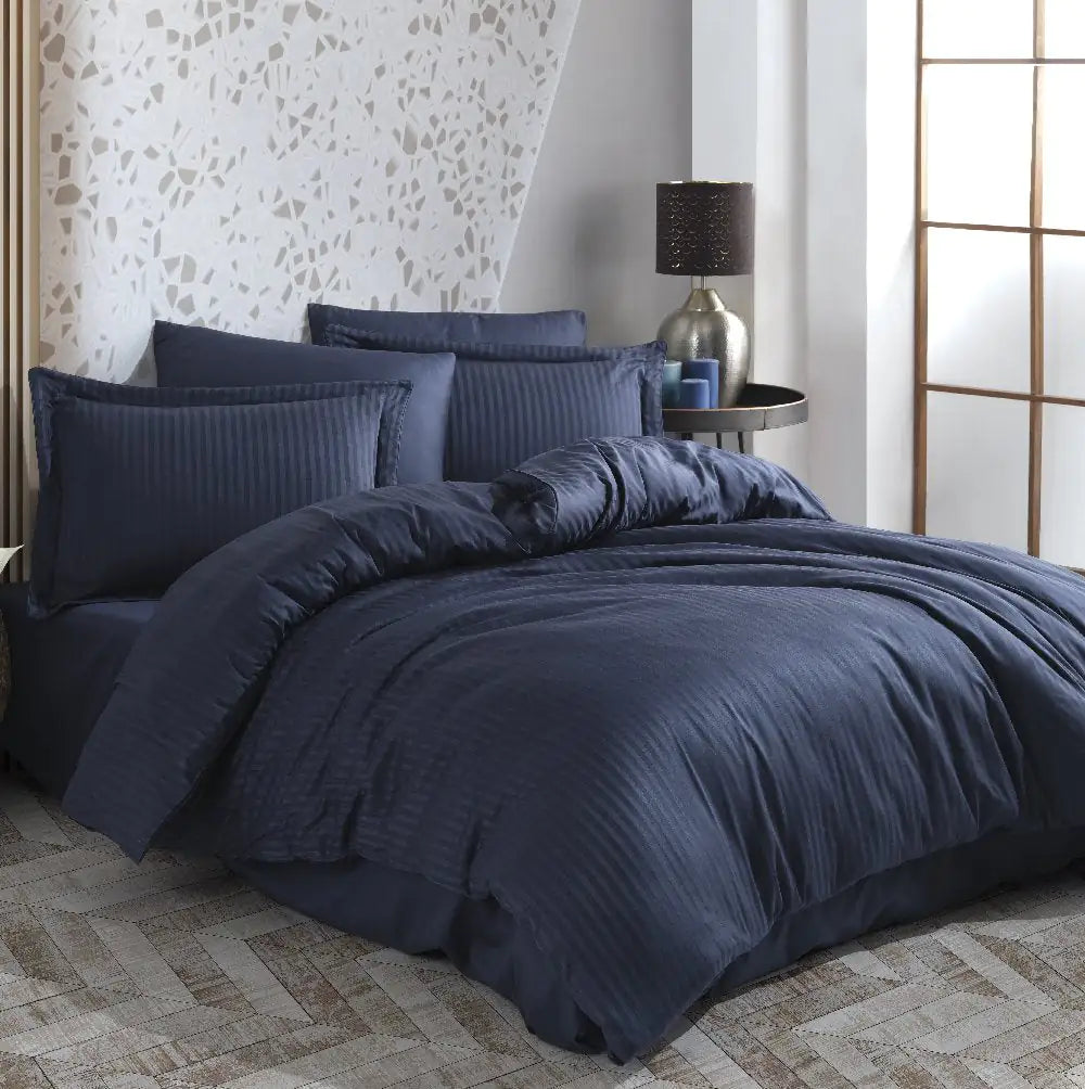 Navy Blue Hobby Striped Double Jacquard Satin Bed Linen Set