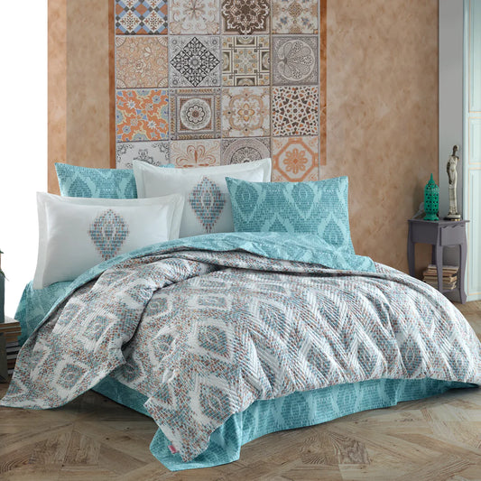 Retro Mint Quilted Cotton Duvet Cover Set with Pillowcase & Sheet - Single Bed Size