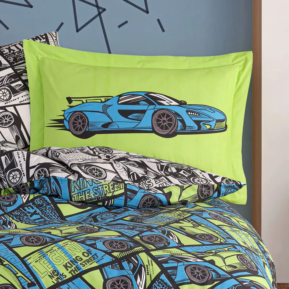 Blue Hobby Cars Cotton Duvet Cover Set with Pillowcase & Fitted Sheet