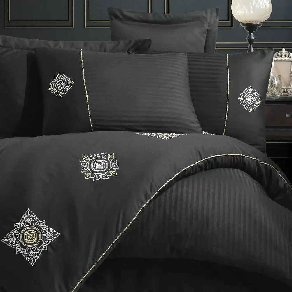 Luxurious Black Satin Duvet Cover Set with Double Embroidery