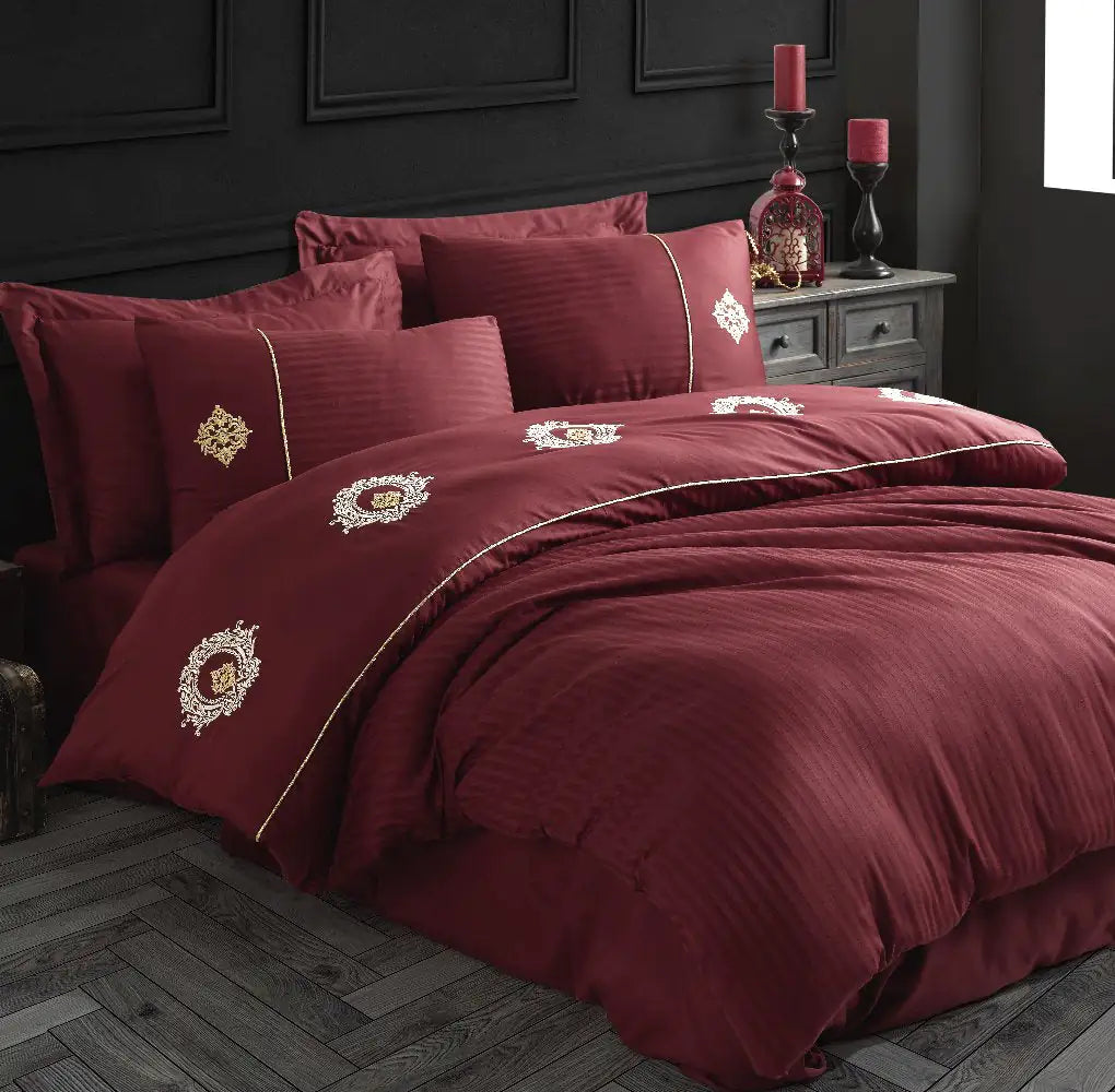 Satin Duvet Cover Set with Double Embroidery in Olympos Bordeaux