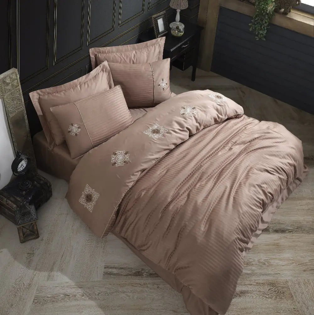 Double Embroidery Satin Duvet Cover Set - Zeugma Coffee