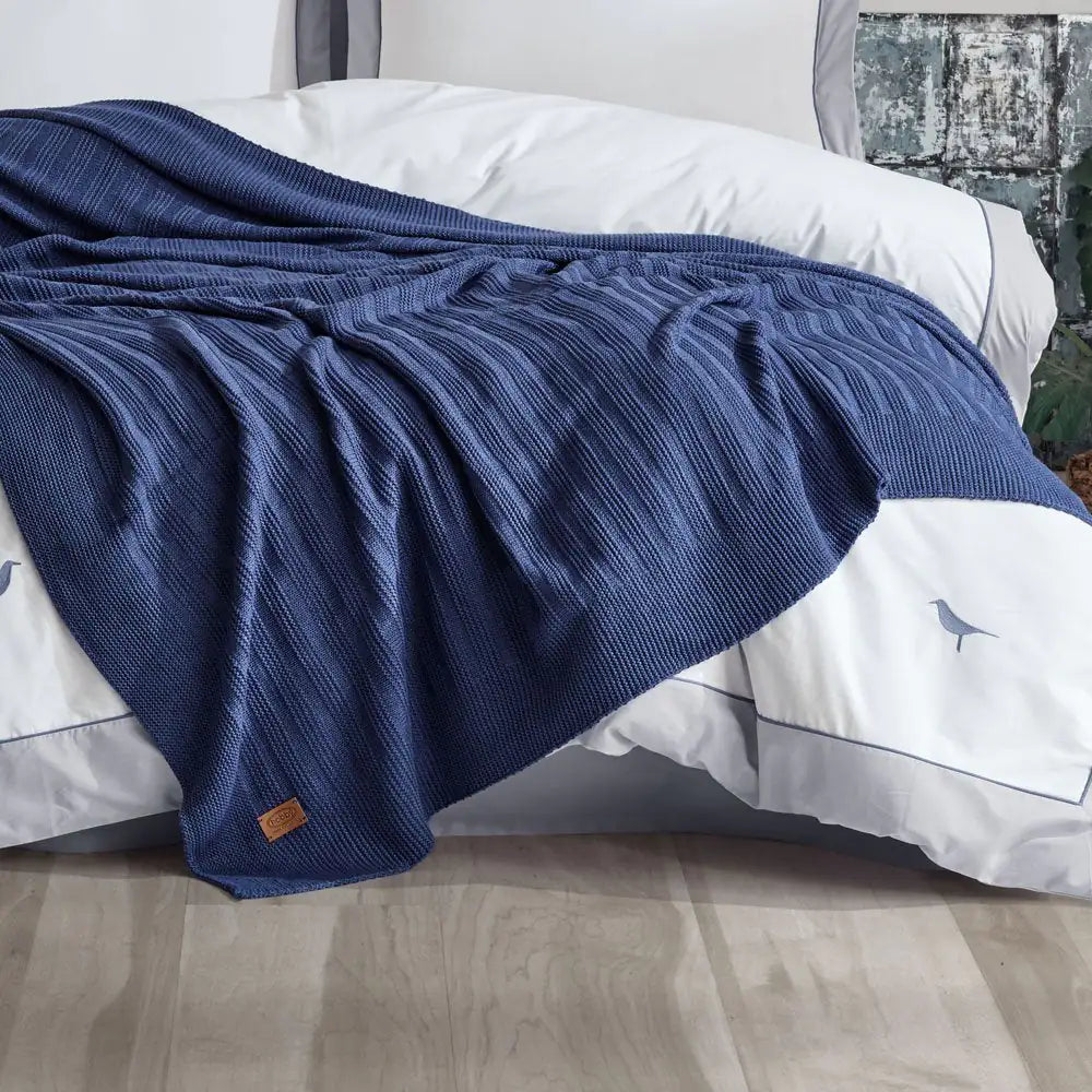 Double Bed Blanket Set with Knitwear Throw - 100% Cotton Indigo Bedding