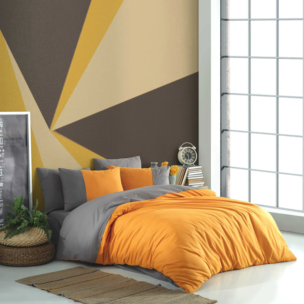 Diamond Pattern Double Duvet Cover Set - 100% Cotton Poplin, Orange & Anthracite