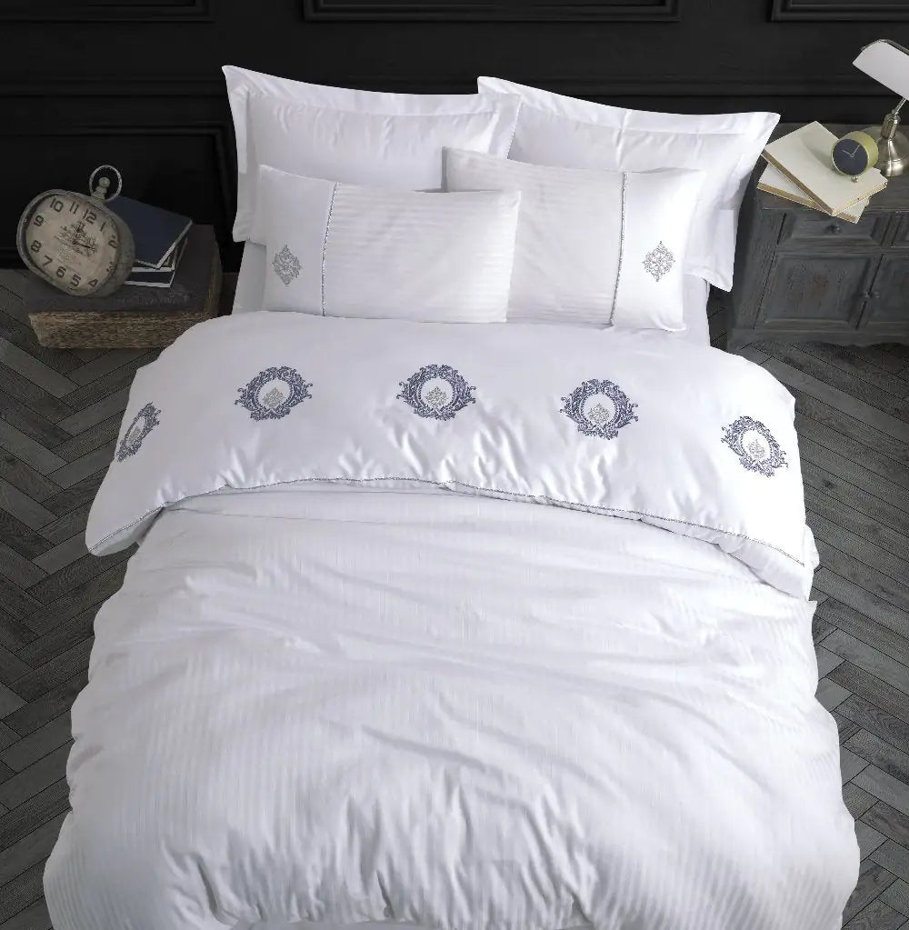 Luxury Satin Double Embroidery Duvet Cover Set, 100% Cotton