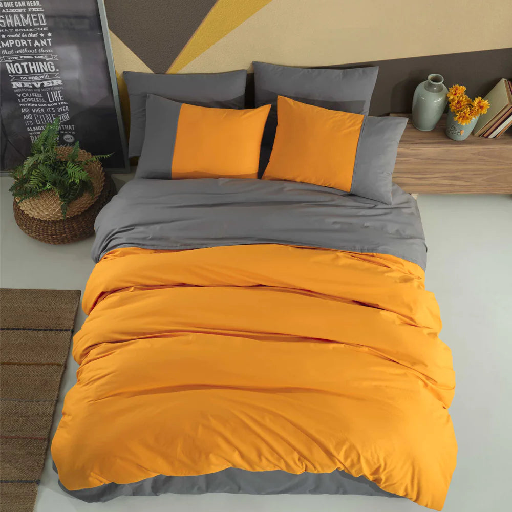 Diamond Pattern Double Duvet Cover Set - 100% Cotton Poplin, Orange & Anthracite