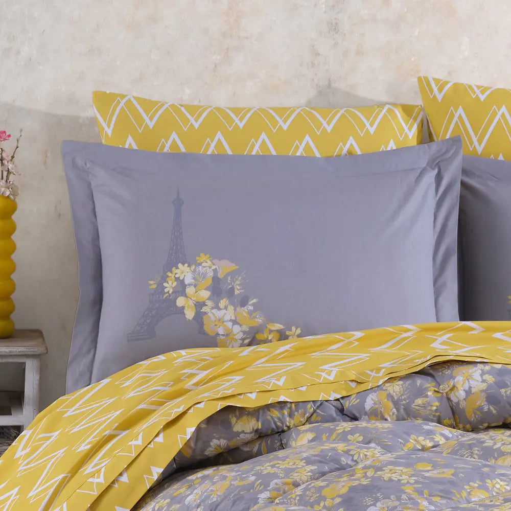 Turkish 100% Cotton Double Sleep Set - Soft Poplin Bedding, Yellow Luxury Design