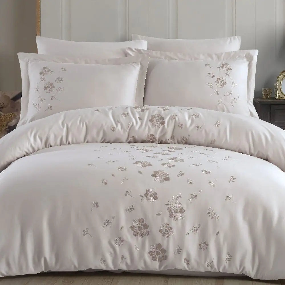 Double Embroidered Beige Poplin Duvet Cover Set - 100% Cotton Bedding