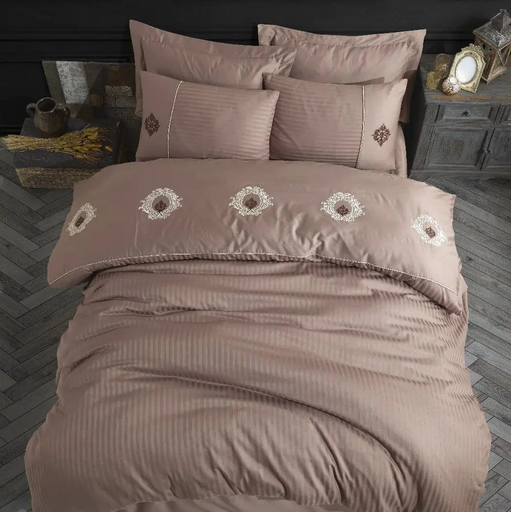 Double Embroidered Satin Duvet Cover Set in Coffee