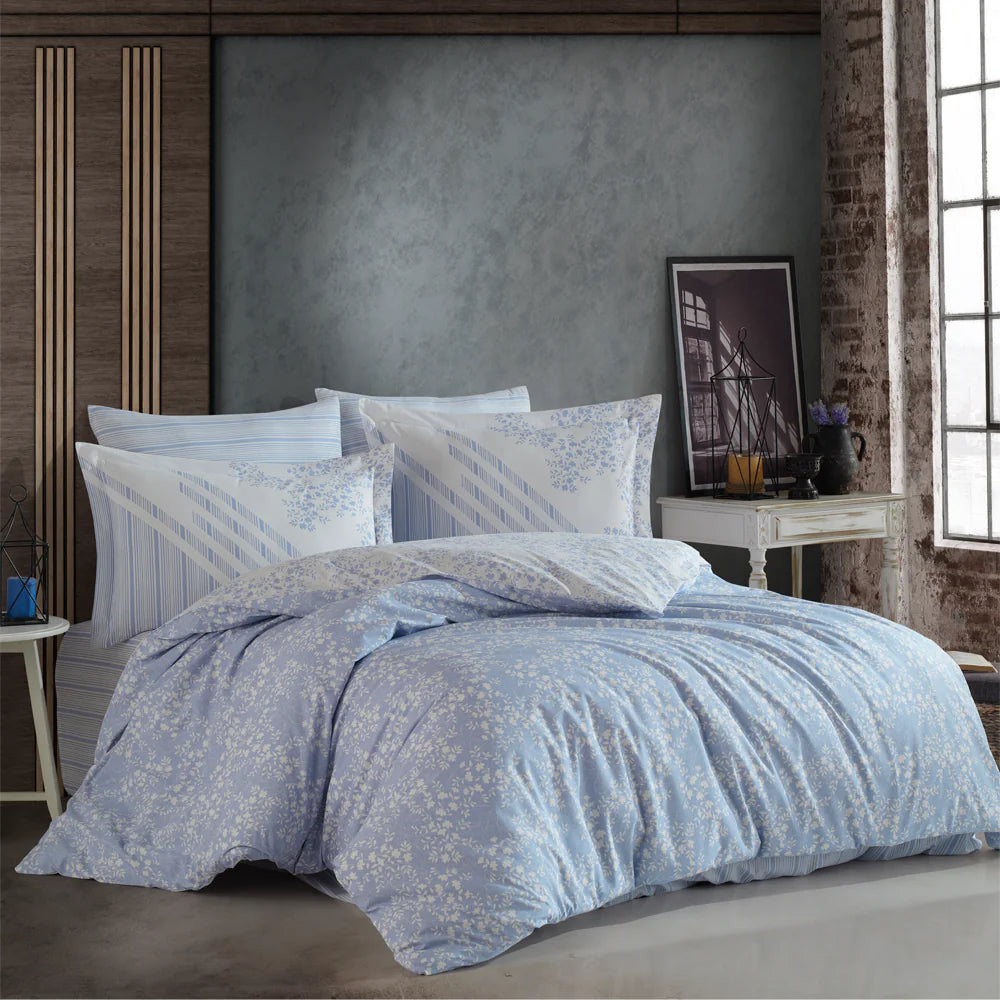 Romance Blue Poplin Single Duvet Cover Set with Pillowcase