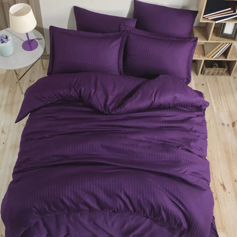 Purple Striped Jacquard Satin Duvet Cover Set - Double Size