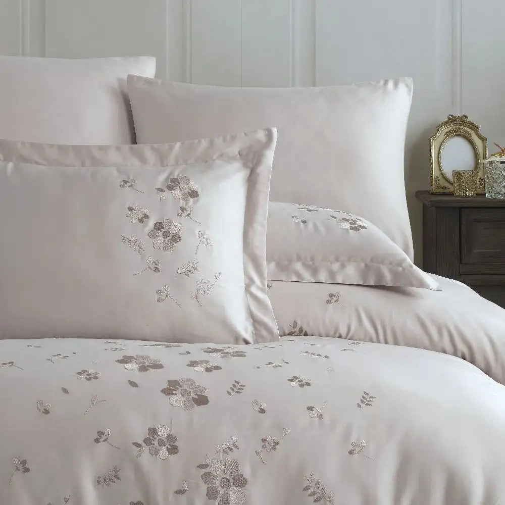 Double Embroidered Beige Poplin Duvet Cover Set - 100% Cotton Bedding