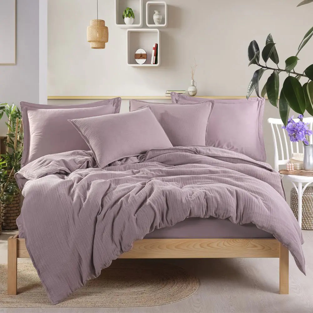 Lilac Muslin Double Duvet Cover Set - 100% Cotton Bedding