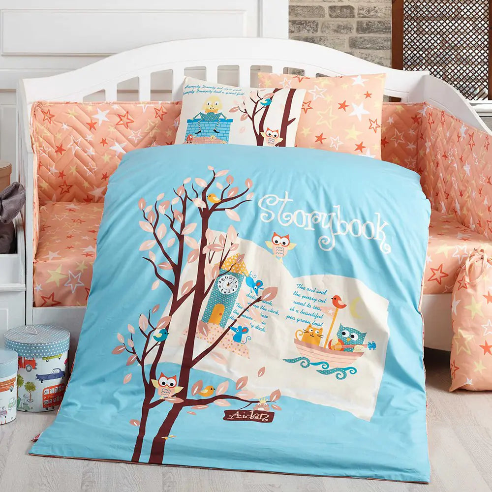 Baby Duvet Cover Set - Soft Blue Clock Pattern Nursery Bedding