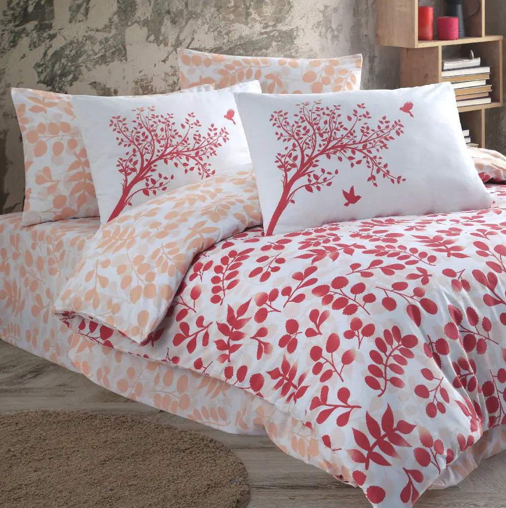 100% Cotton Single Duvet Cover Set - Red Floral Embroidered Bedding