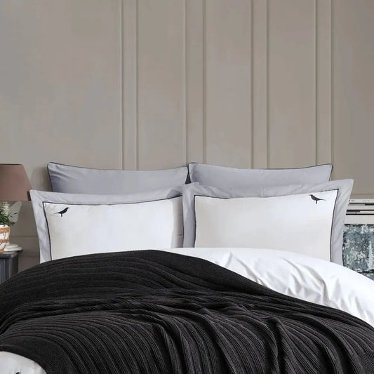 Jacquard Weave Cotton Bedding Set with Knit Throw - Anthracite Gray