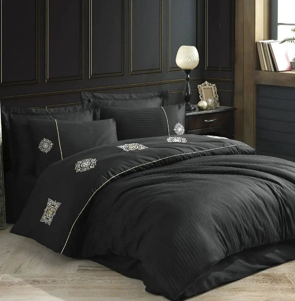 Luxurious Black Satin Duvet Cover Set with Double Embroidery