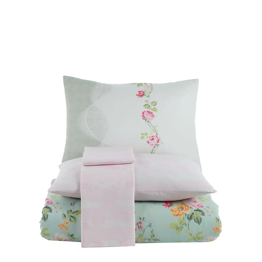 Double Duvet Cover Set - 100% Cotton, Green Embroidered Bedding